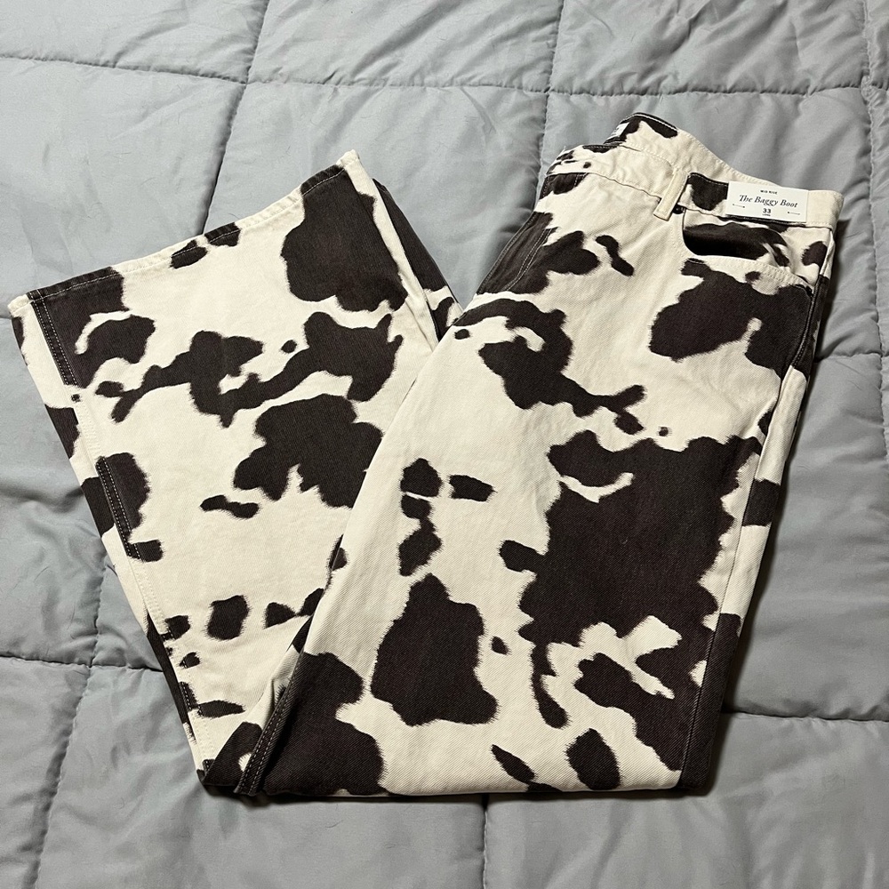 Abercrombie & Fitch Black and White Cow Print Wide Leg Jeans